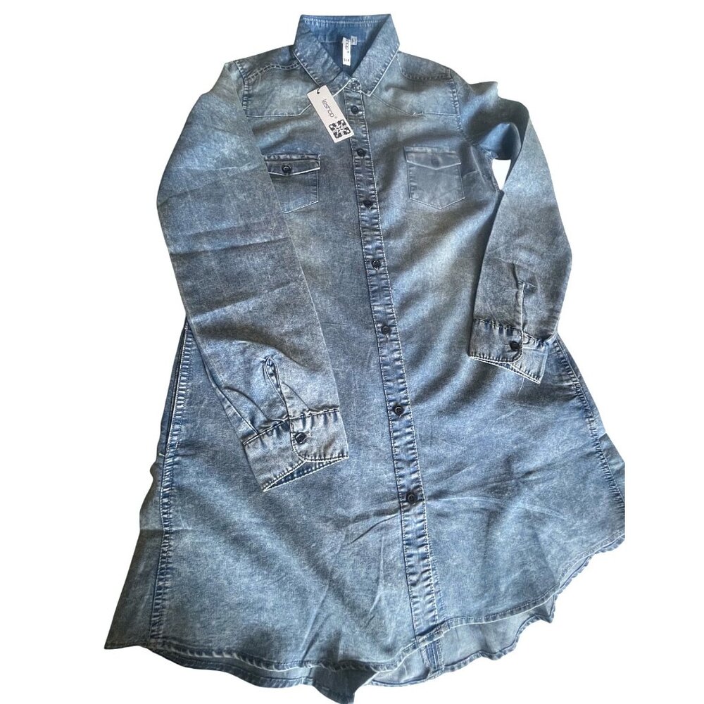 Leshop Oversized Long Sleeve Button Down Acid Wash Fit & Flare Denim Shirt S - Picture 5 of 5